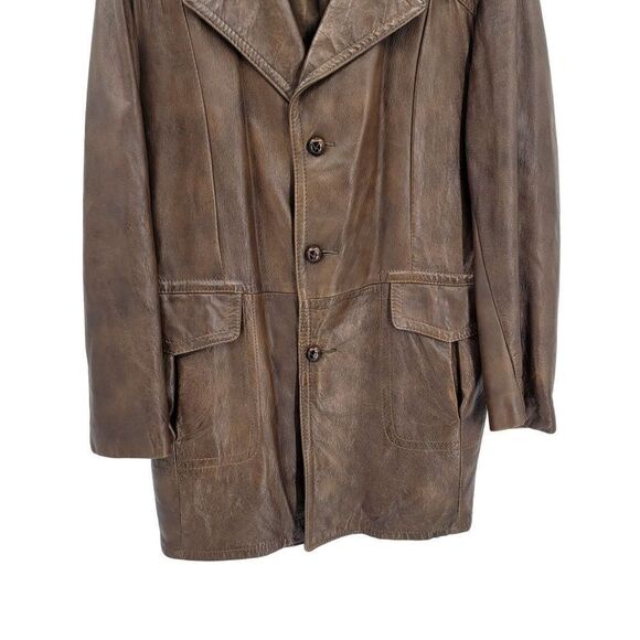 70s Leather Jacket Mottled Crackle Brown Duster Blazer Button Hippy Streetwear L - Picture 8 of 14